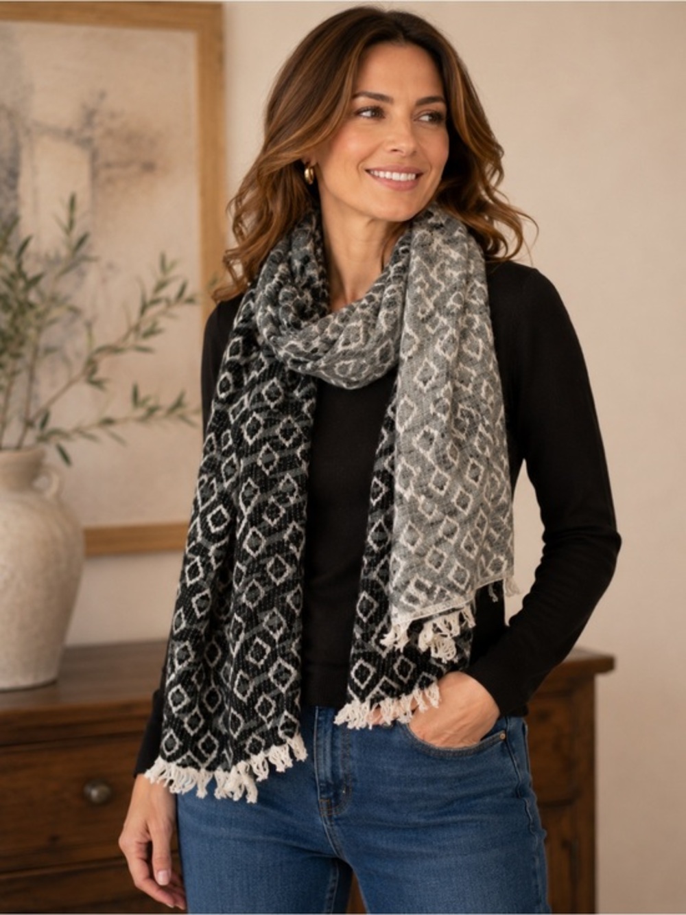 Green label Black Gray Woven Textured Winter Scarf Fringe NEW #2615